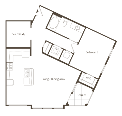 Floor plan for 1 bed, 1 bath, 889 sqft